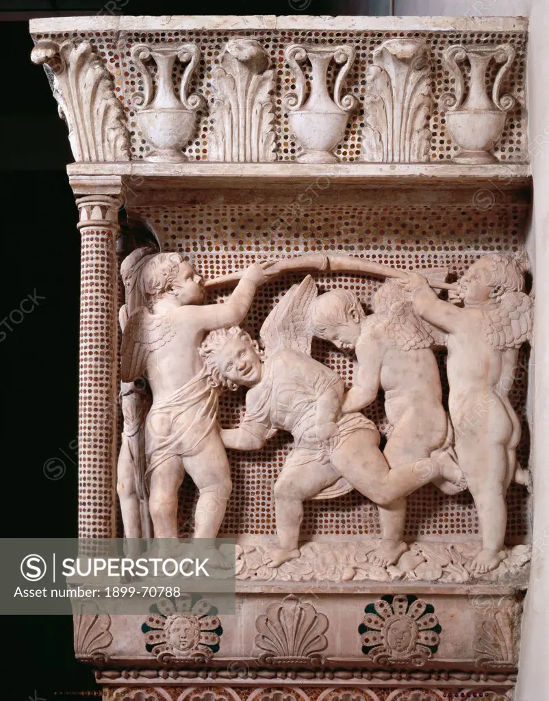 Italy, Tuscany, Florence, Museo dell'Opera di Santa Maria del Fiore. Detail. The puttos on the left side of the Choir dance and play a wind instrument.