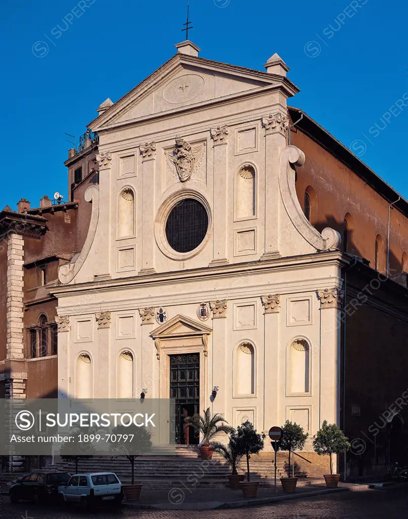 Italy, Lazio, Rome, Ospedale del Santo Spirito. Whole artwork view. The frontage. Foreshortening view of the austere front with double composit order of pillars, connected with volutes.