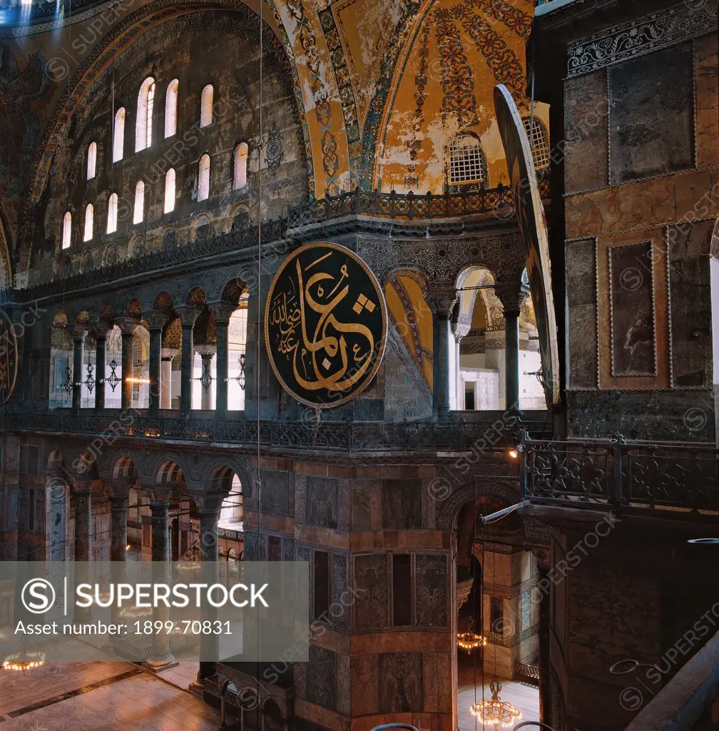 Turkey, Istambul, Haghia Sofia. Detail. View of the south wall of the west gallery; much light is present thanks to the colonnade and the single-lancet windows.