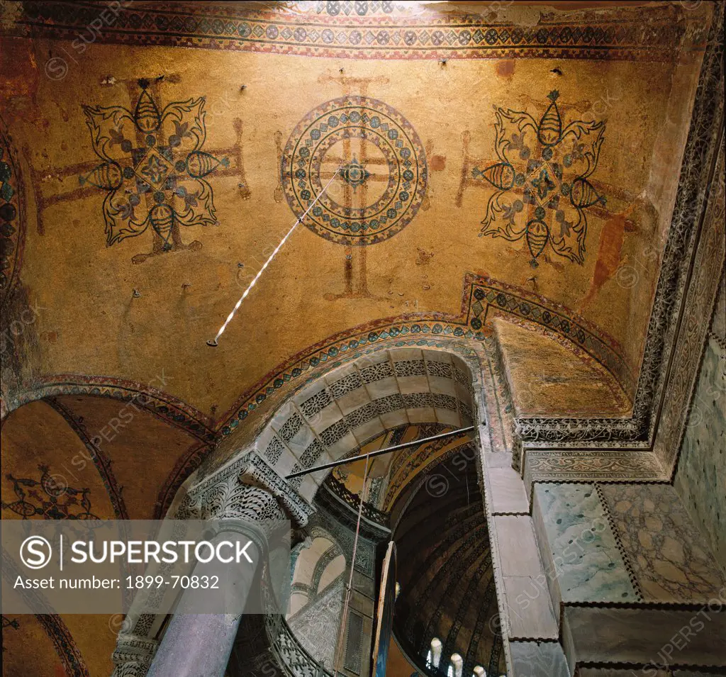 Turkey, Istanbul, Haghia Sofia. Detail. View of the south wall of the west gallery; the ceiling is covered with geometrical and phytomorphic decorations.