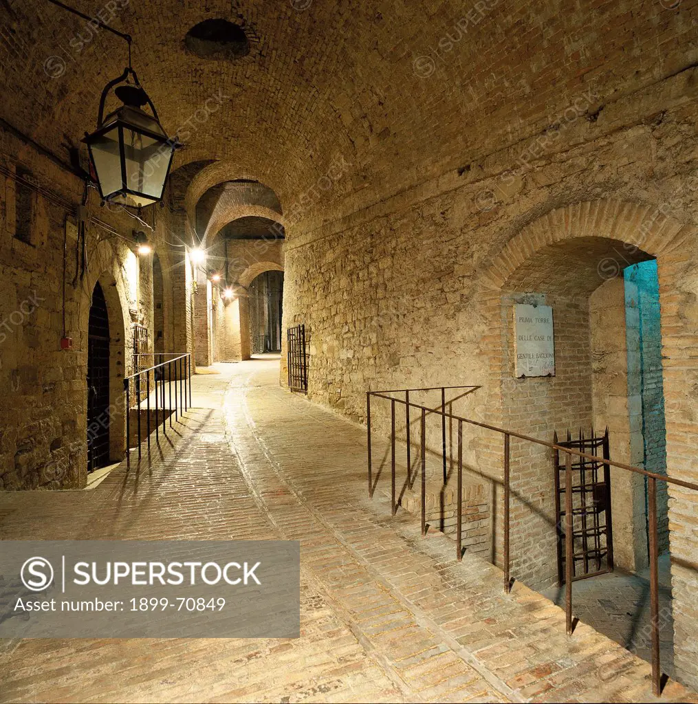 Italia, Perugia (Perugia). Detail. A view of the underground communication walk under the palace between the ancient walls of Rocca Paolina and the ruins of the medieval houses of Baglioni family.