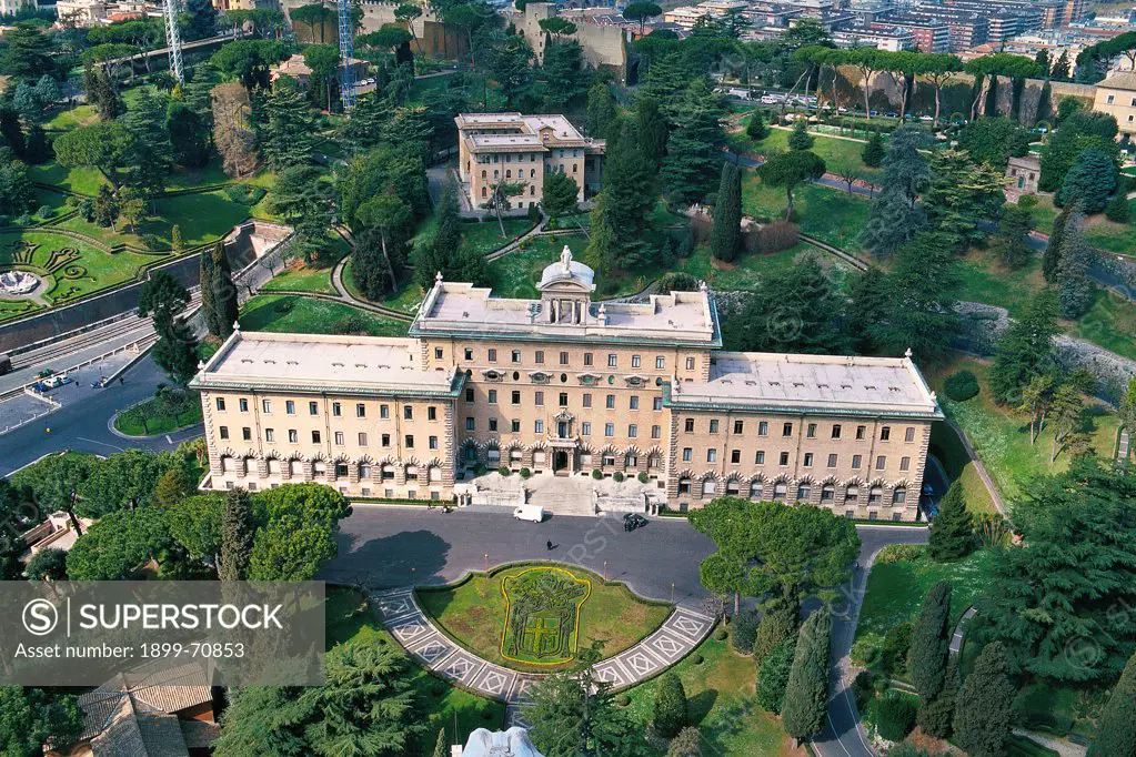 Vatican City, Vatican. Whole artwork view. Aerial view of the Governorate Palace (where the administration of the Vatican City State is conducted), composed of three buildings and surrounded by the Gardens.