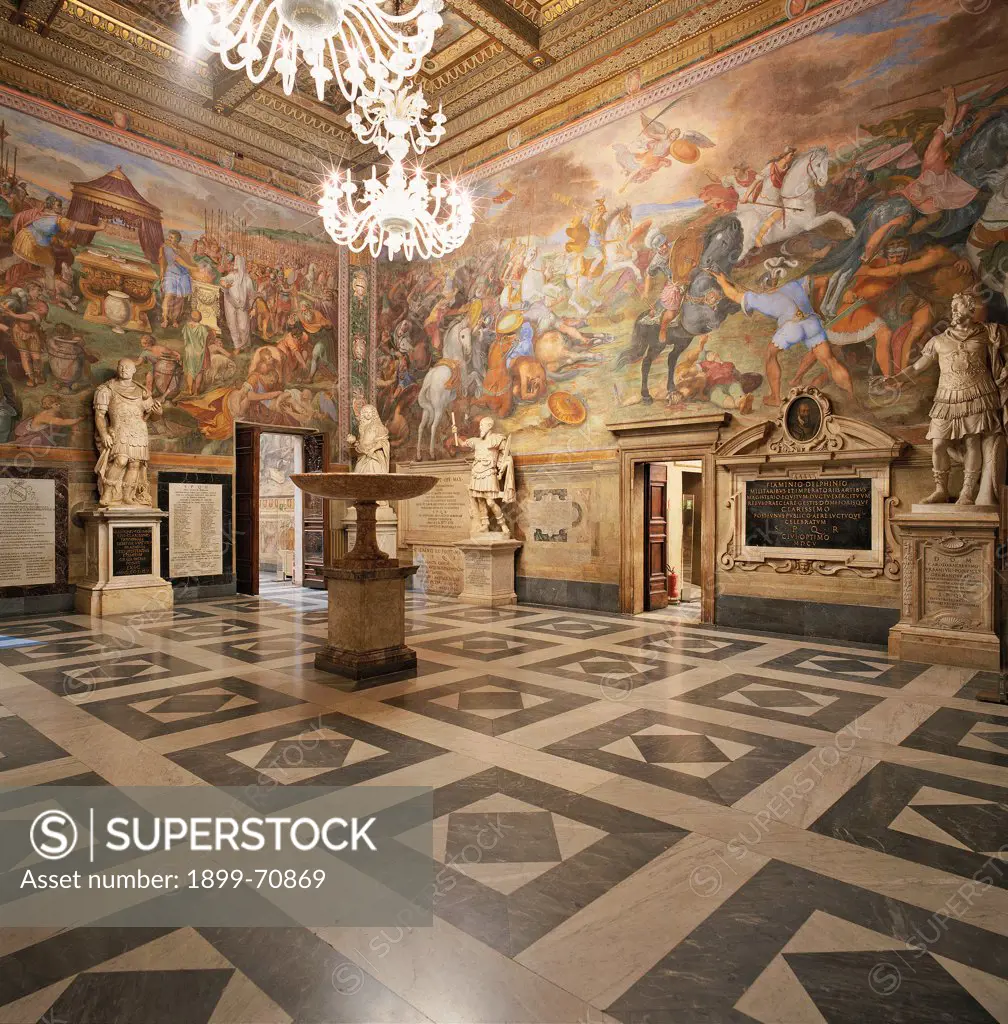 Italy, Rome (Rome), Palace of the Conservators. Detail. View of the Room of Eagles (Sala delle Aquile) with frescos representing episodes of the Republican Rome.