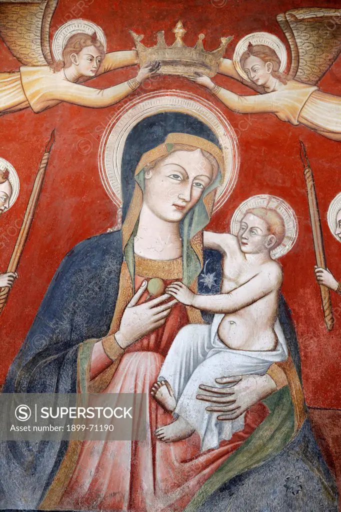 Painting in the basilica di Santa Caterina, Galatina, Apulia, Angels crowning Mary holding Jesus