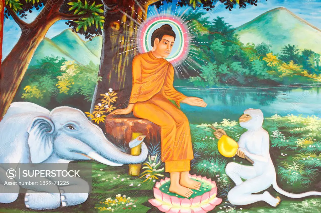 Preah Prom Rath Monastery. Life of the Buddha. Siddhartha Gautama with the devoted elephant and monkey.