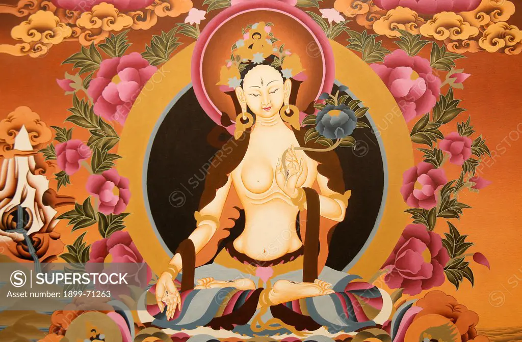 Thangka depicting White Tara goddess, Buddhist symbol of long life