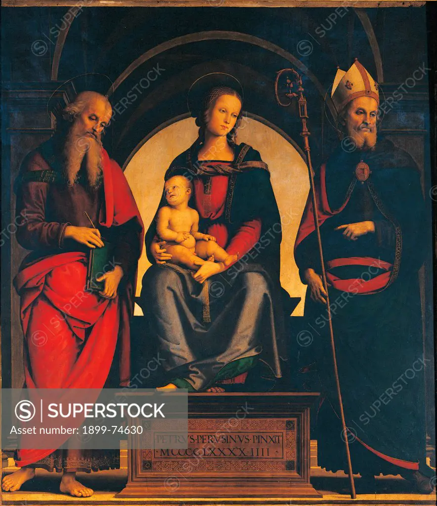 Madonna and Child Between St. James and St. Augustine, by Vannucci Pietro known as il Perugino, 15th Century, 1494, board,