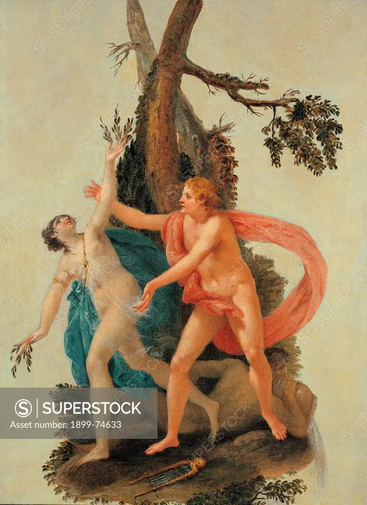 Panel of the ""Caff da Pacho"" portraying Apollo and Daphne, by Canal Giovan Battista, 19th Century, 1804, canvas,