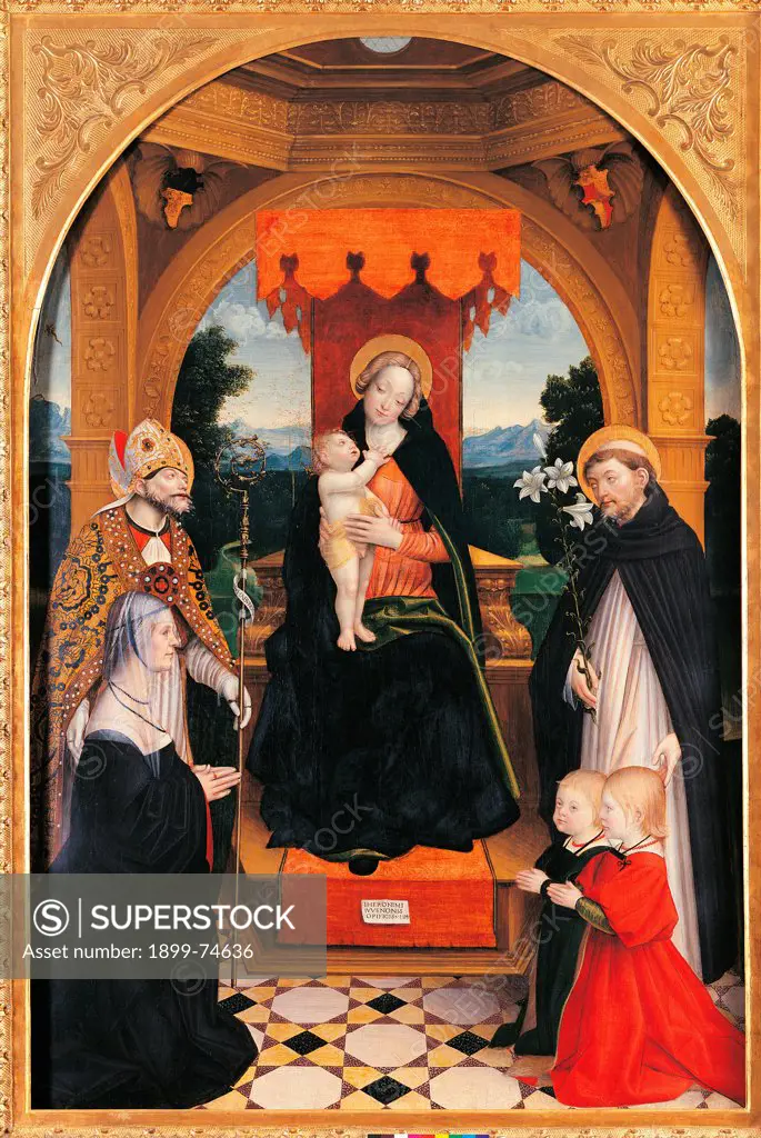 Madonna and Child Enthroned Between St. Abundius and St. Dominic, with the Client Ludovica Buronzo and her Children Pietro and Gerolamo, by Giovenone Gerolamo, 16th Century, 1514, tempera, cm 180 x 119