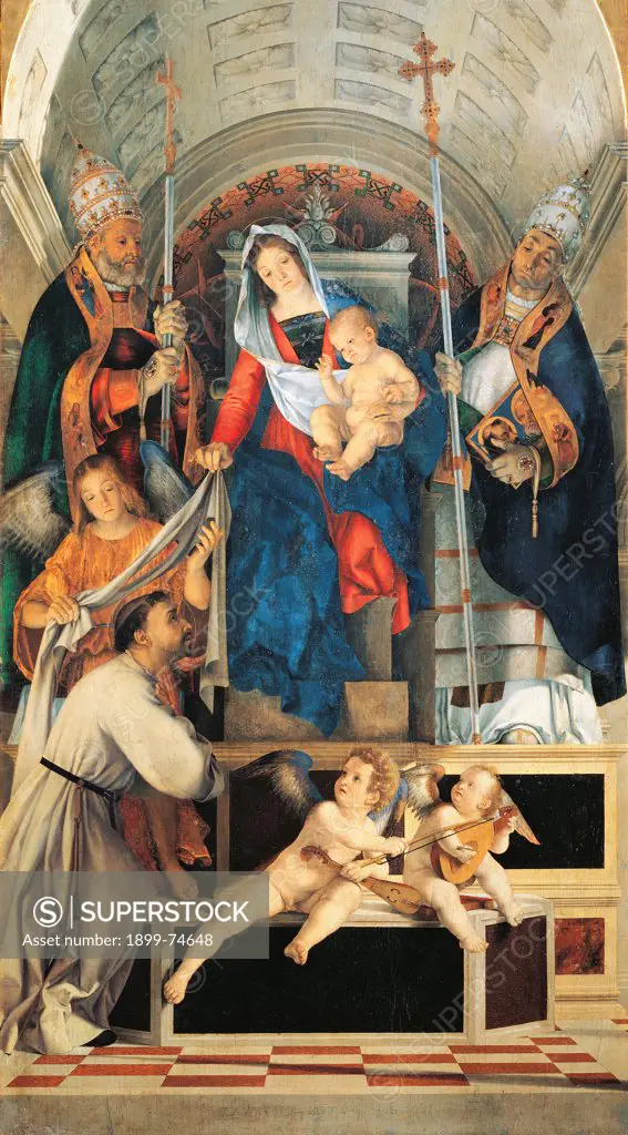 Madonna and Child with Sts Dominic, Gregory and Urban, by Lotto Lorenzo, 16th Century, 1508, oil on board, 227 x 108 cm (central altar piece) - 155 x 67 cm (lateral lower compartments) - 67 x 67 cm (lateral upper compartments) - 80 x 108 cm (central upper compartment)