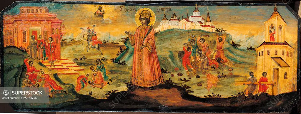 Tsarevic Dmitrij Ioannovic with Life Scenes, by Anonymous, 18th Century, tempera, cm 22 x 58
