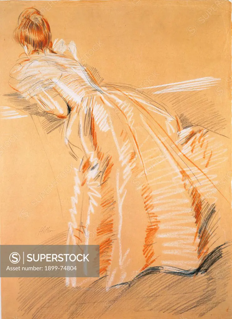 Elegant Woman at the Rail, by Helleu Paul Cesar, 20th Century, 1904, charcoal on paper, cm 66 x 48