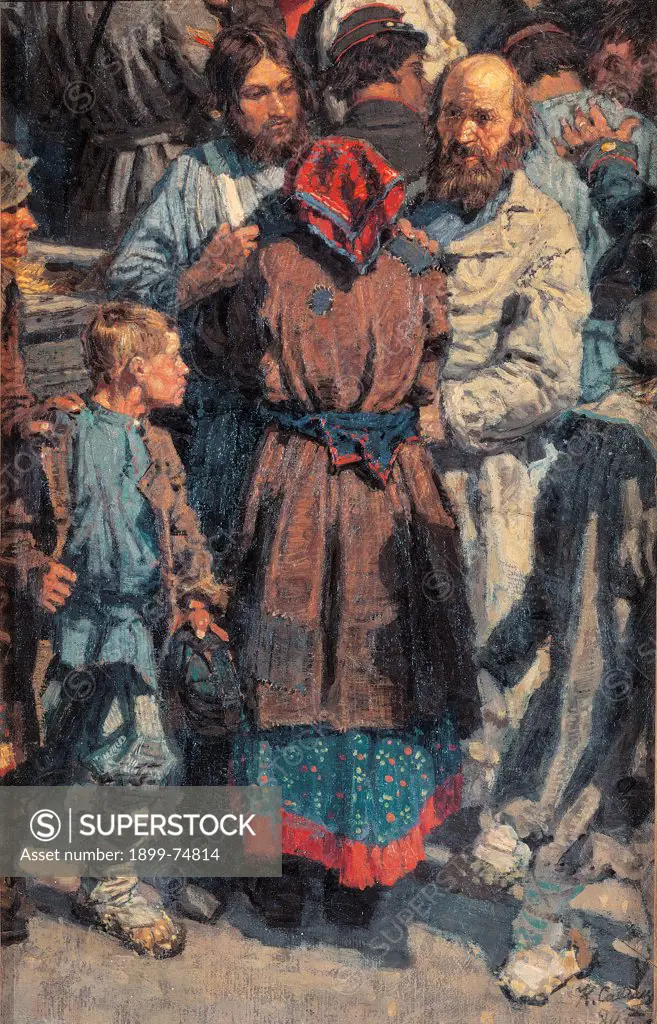Group of People Greeting a Recruit, by Savickij Konstantin Apollonovic, 19th Century, 1880, oil on canvas, cm 48 x 31 48 x 31 cm