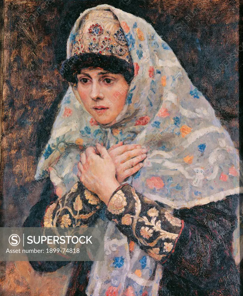 The Daughter of the Boyar with her arms crossed on her chest, by Surikov Vasily Ivanovic, 19th Century, 1885, oil on canvas, cm 46 x 36