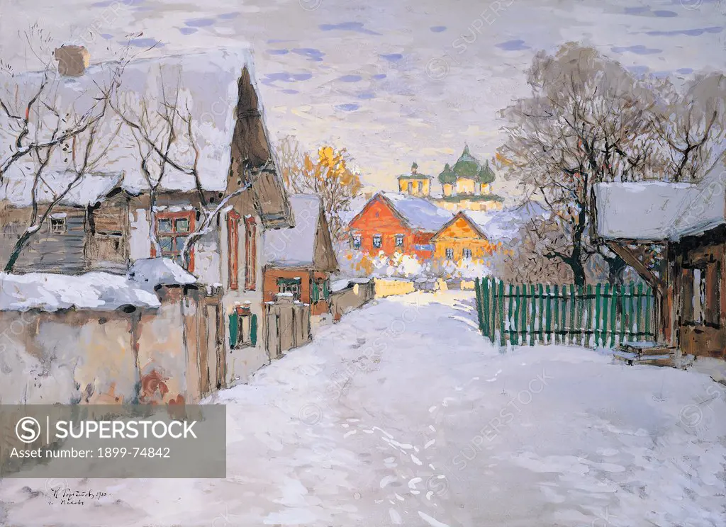 Winter Night. An Area of Pskov, by Gorbatov Konstantin Ivanovic, 20th Century, 1910, tempera, cm 48 x 66