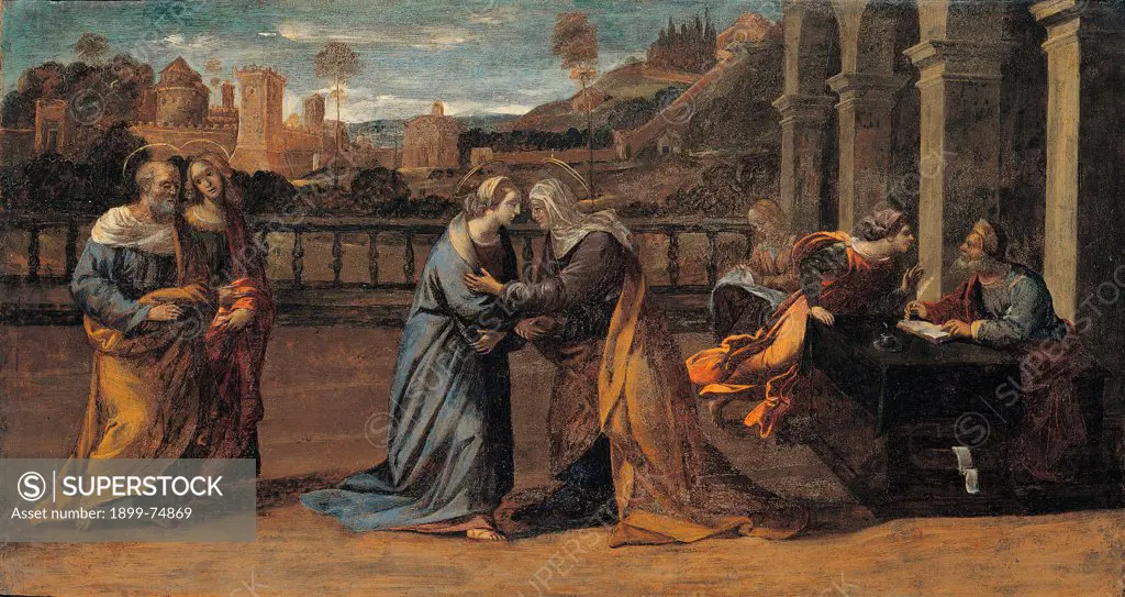 The Visitation, by Scarsella Ippolito known as Scarsellino, 17th Century, oil on board, 32 x 65