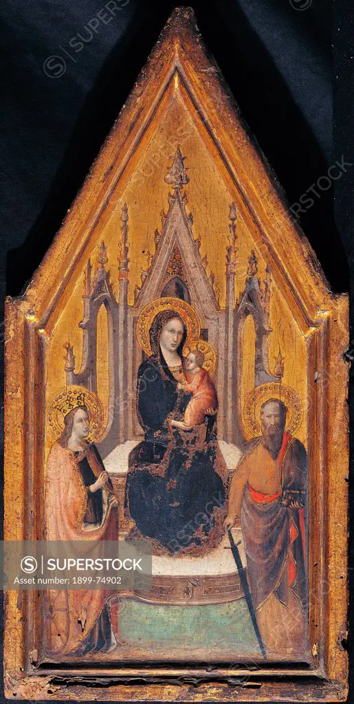 Enthroned Madonna and Child with Saints Catherine of Alexandria and Paul, by Master of the San Paolo Perkins, 14th Century, 1350, tempera, cm 50 x 26