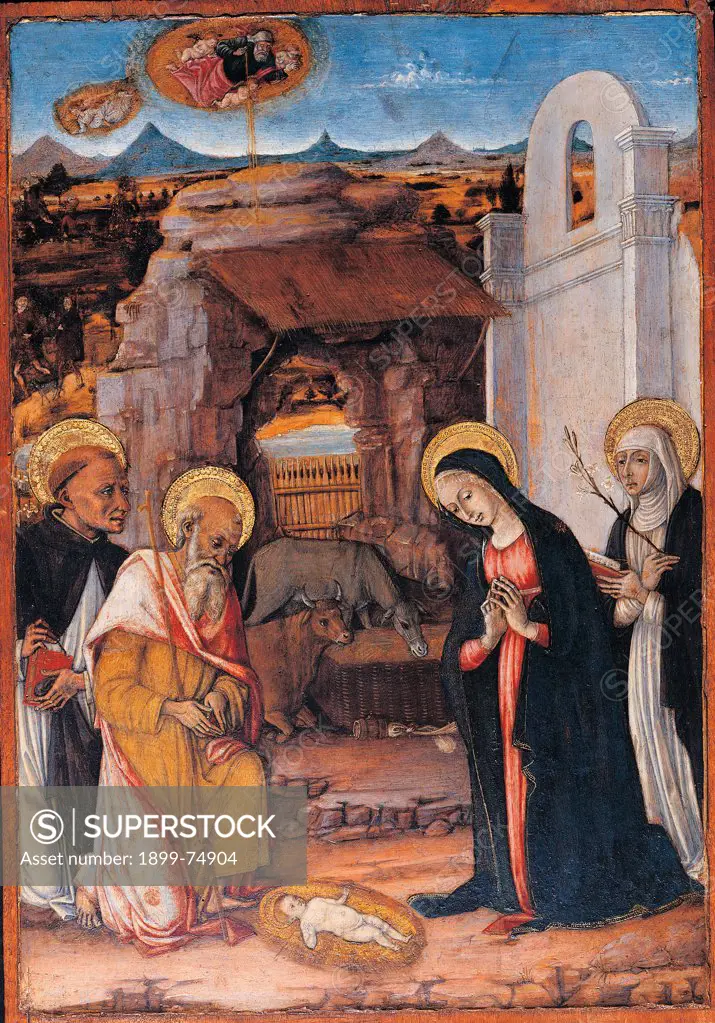 Nativity with St. Dominic and St. Catherine of Siena, by Matteo di Giovanni, 15th Century, 1472, tempera, cm 67 x 47