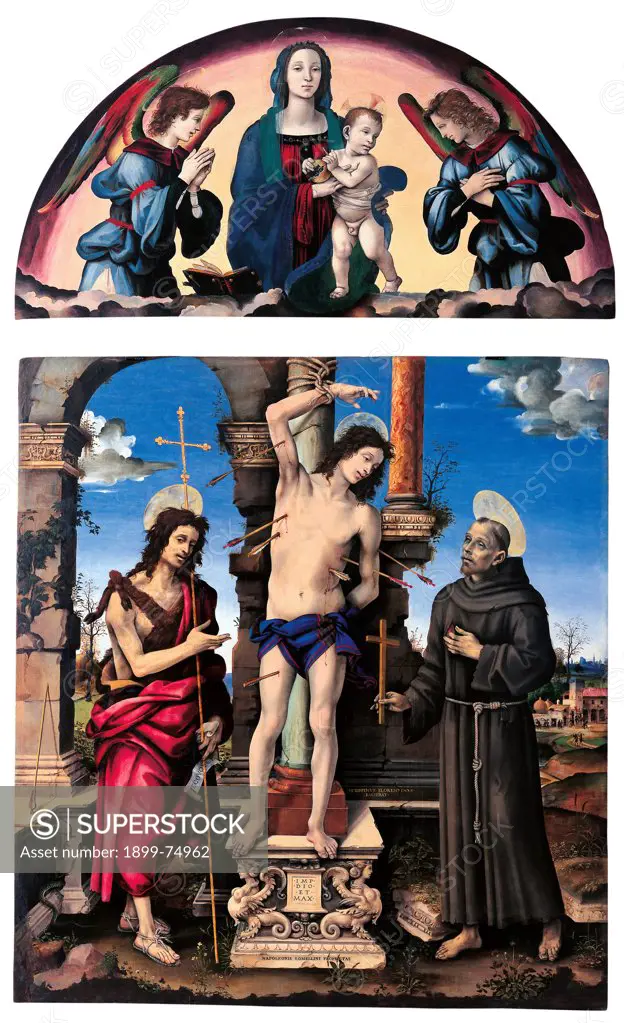 St. Sebastian with St. John the BaptiSt. and St. Francis of Assisi. Madonna and Child and Two Angels (Lomellini altarpiece), by Lippi Filippino, 16th Century, 1503, painting on wood, cm 298 x 185 95 x 185 cm lunetta