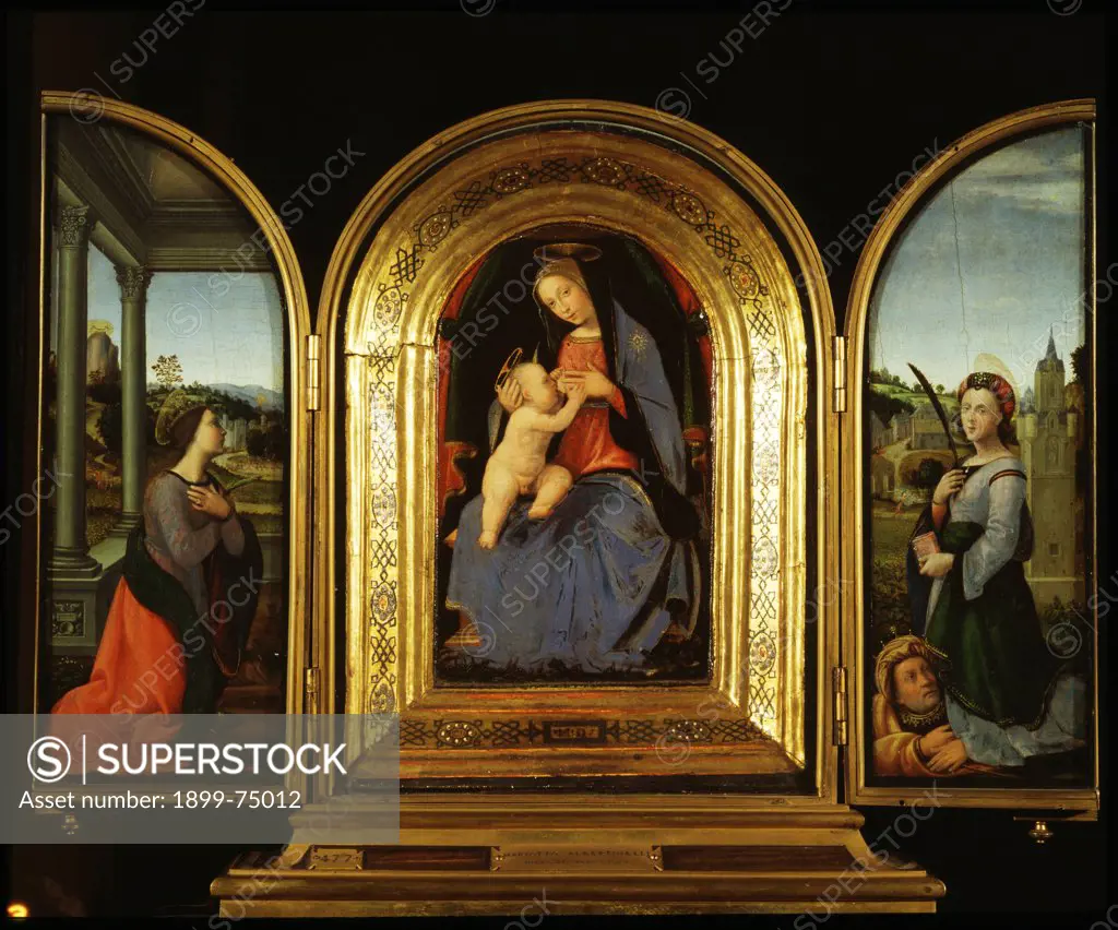 Tryptych: Enthroned Madonna and Child, St. Catherine of Alexandria and St. Barbara, by Albertinelli Mariotto known as Bigio di Bindo, 16th Century, 1510-1511, oil on board, cm 30 x 22 pannello centrale