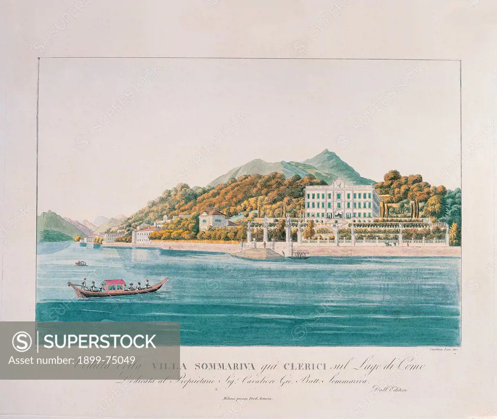Villa Sommariva (formerly Villa Clerici), Cadenabbia, Lake Como, by Lose Federico,Lose Carolina, 19th Century, 1835, etching,