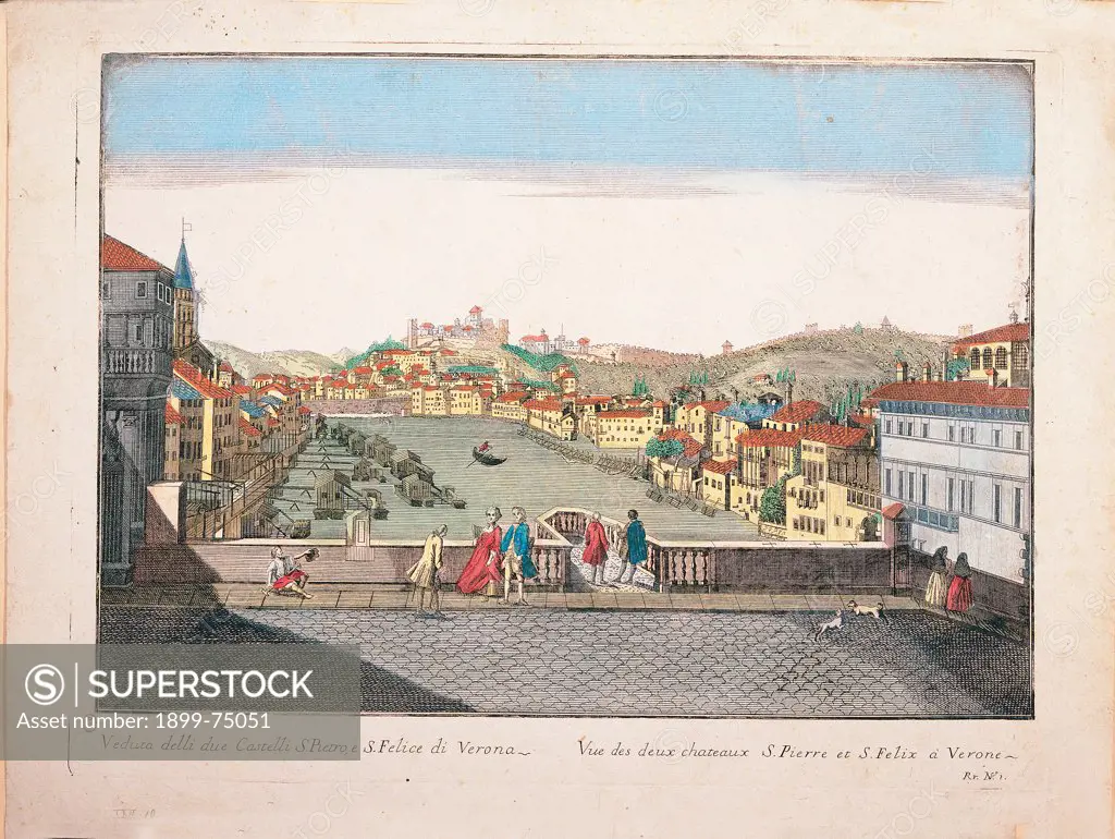 Verona: San Pietro Castle and San Felice Castle, 18th Century, 1780, color etching,