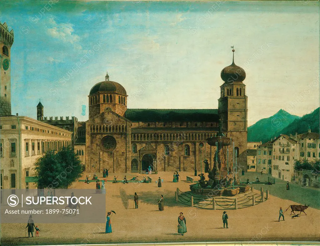 Piazza del Duomo in Trento before the 19C restoration, by pittore trentino dell'Ottocento, 19th Century, oil on canvas,