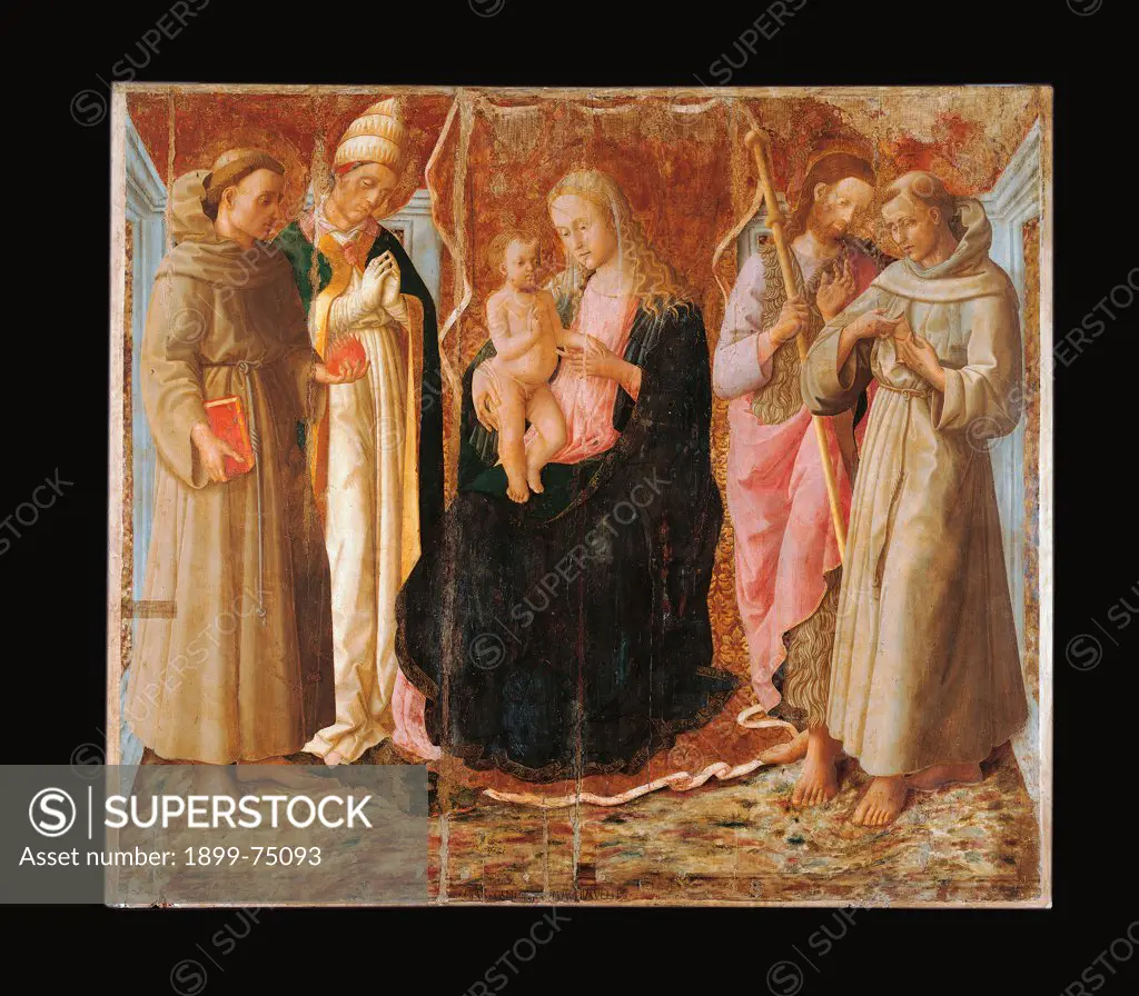 Madonna and Child with Sts. Anthony of Padua, Sylvester, Ranieri and Francis, by Machiavelli Zanobi, 15th Century, board,