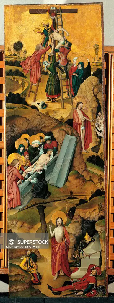 Deposition, burial, descent into limbo and resurrection of Christ, by Maestro della Passione di Lyversberg, 15th Century, board,