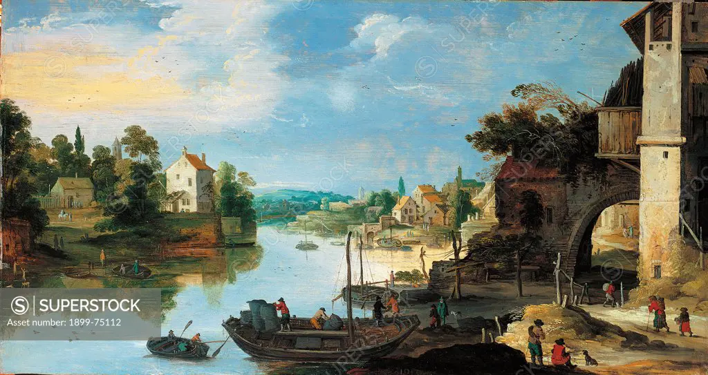 Veduta of a riverside village, by Momper Josse de il Giovane, 17th Century, canvas,