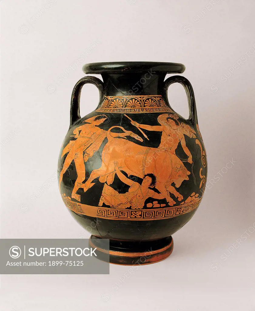 Panathenaic amphora with scenes of the myth of the punishment of Dirce, 5th Century, ceramic,