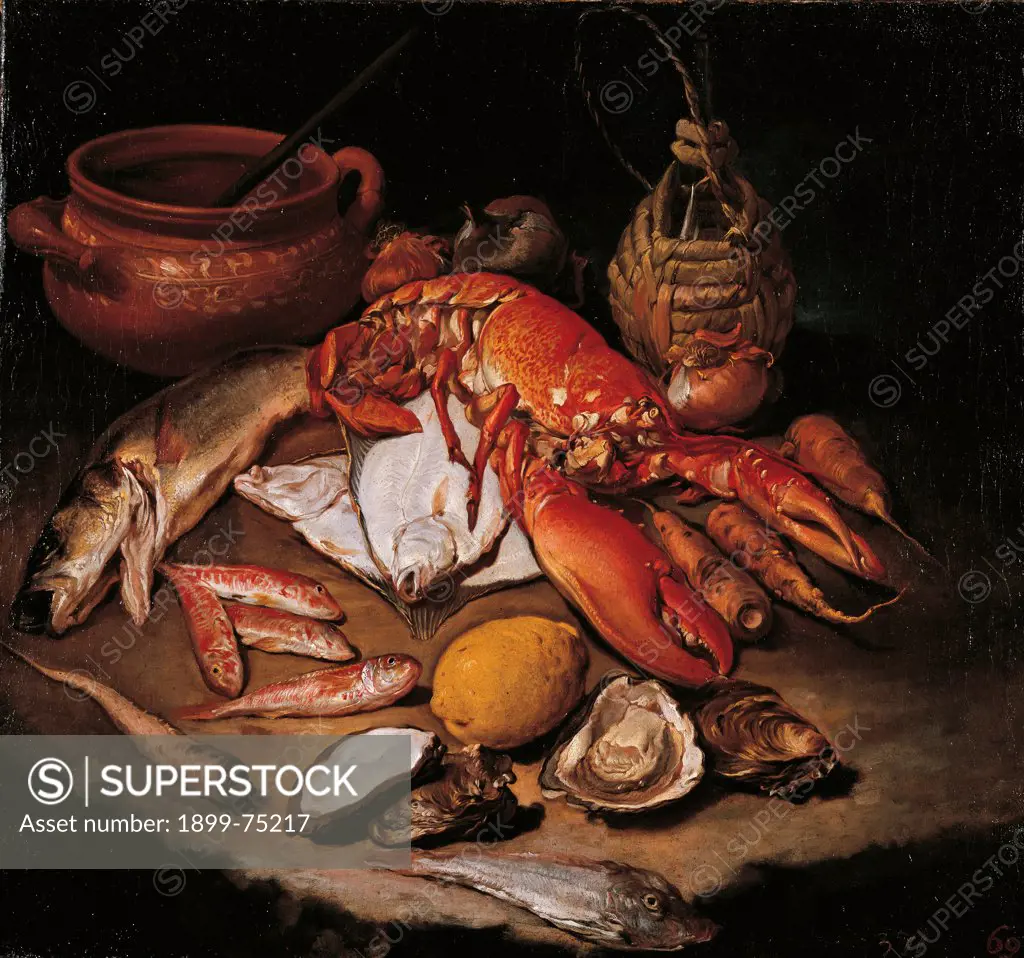 Still Life with Herring, Lobster, Turbots, Mullets, Oysters, Sea Hen, Lemon, Bitter Root, Carrots, Onions, Brickwork Pot with Ladle and Straw-Covered Flask, by Ceruti Giacomo known as il Pitocchetto, 18th Century, 1736-1742, oil on canvas, cm 63 x 68
