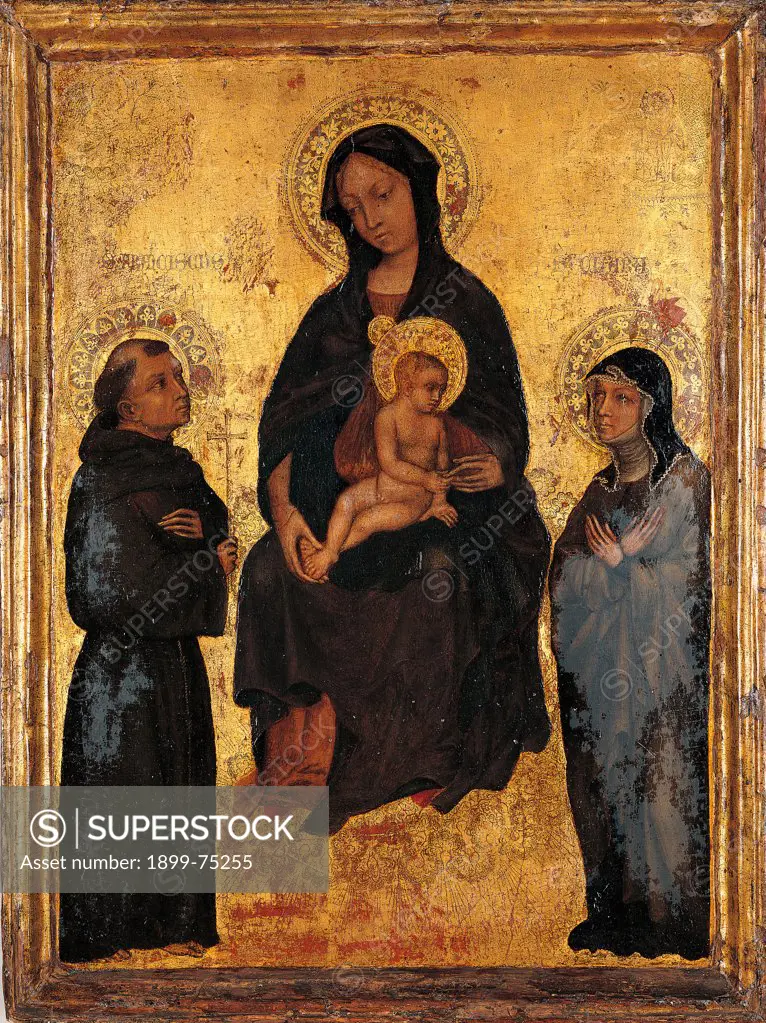 Madonna and Child in Glory Between St. Francis and St. Claire, by Gentile di Niccol÷ known as Gentile da Fabriano, 14th Century, tempera,