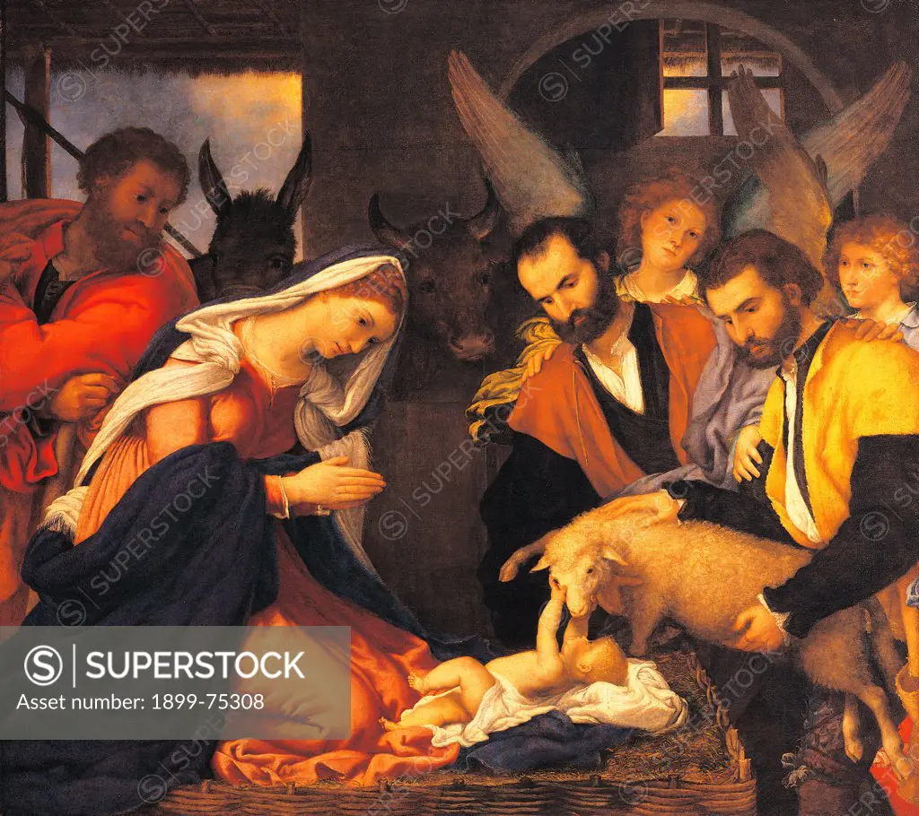 The Adoration of the Shepherds, by Lotto Lorenzo, 16th Century, 1534, oil on canvas, cm 147 x 166
