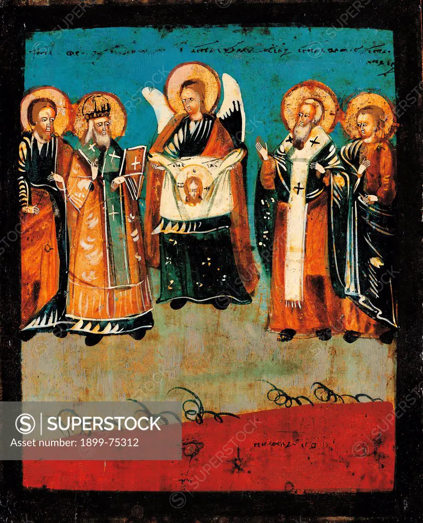 The Holy """"Mandylion"""" Presented by an Angel among Four Saints, by Russian artist of XVIII Century, 18th Century, tempera, cm 28 x 23