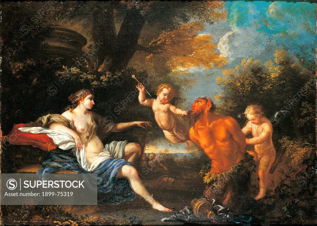 Venus, Satyr and Cupids, attributed to Lauri Filippo, 17th Century, oil on canvas, cm 34 x 46