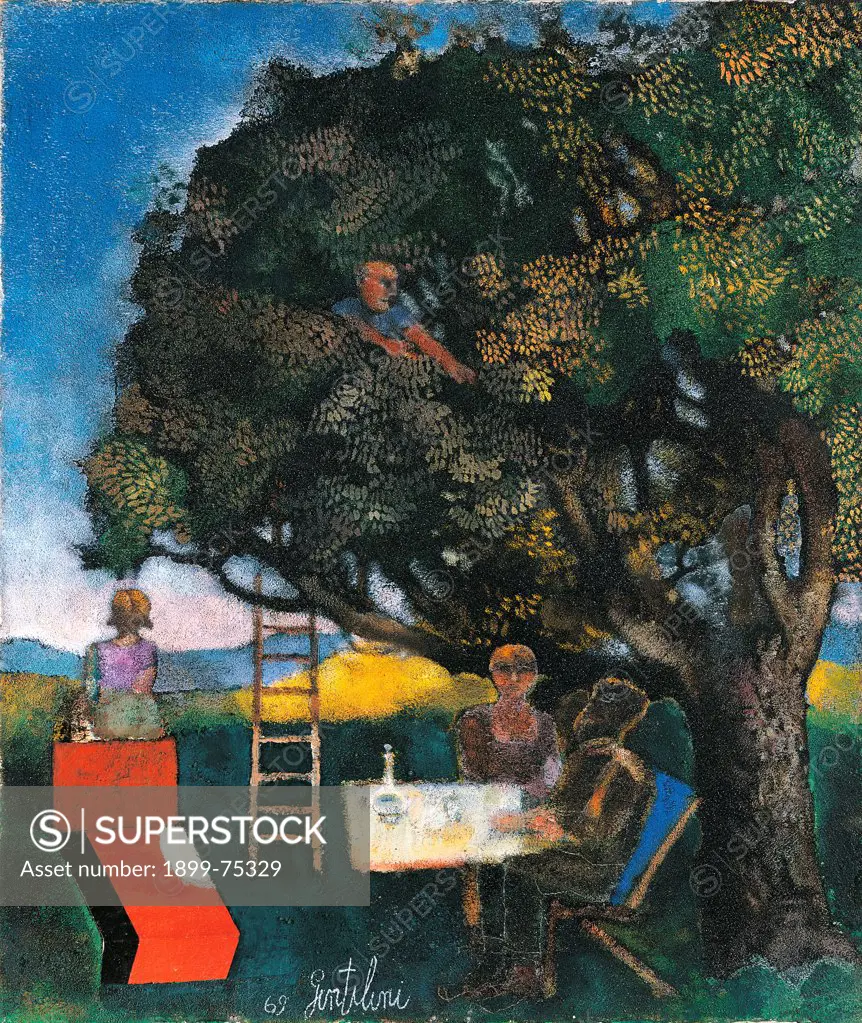 Lunch Under the Big Tree, by Gentilini Franco, 20th Century, 1969, oil on canvas, cm 65 x 55