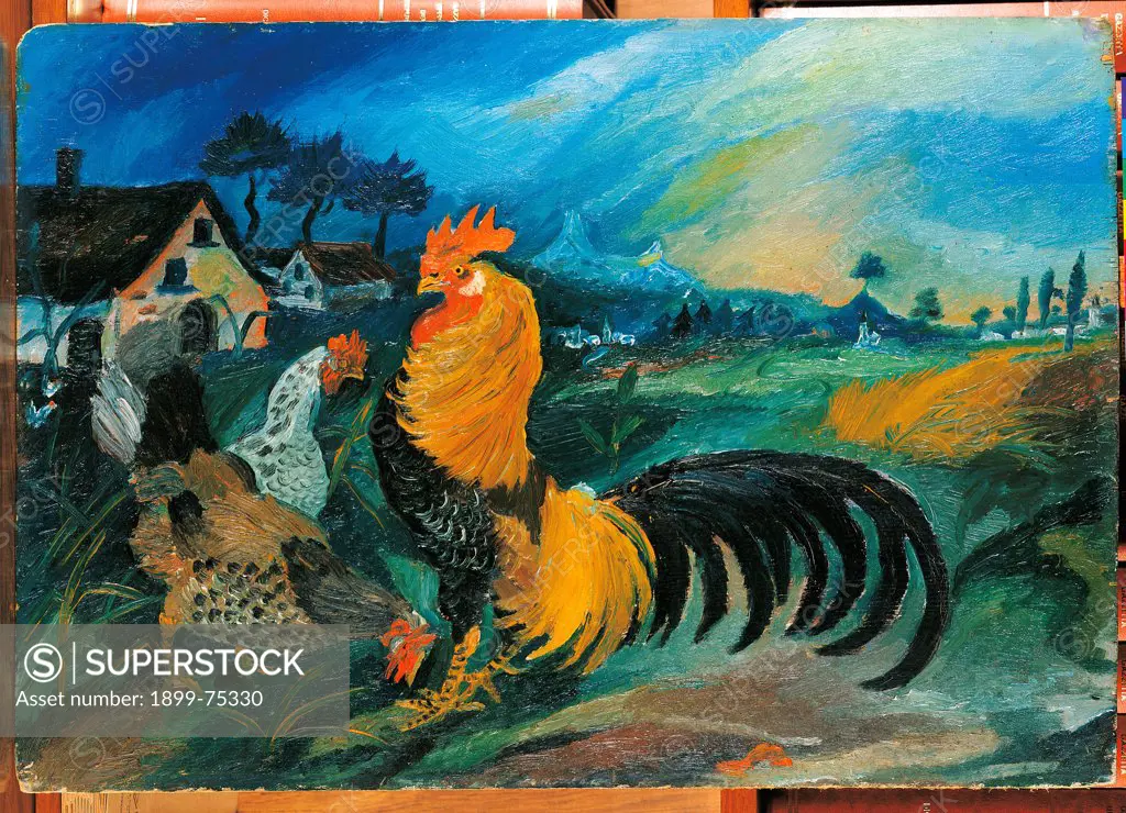 Roosters and hens, by Ligabue Antonio, oil on plywood, cm 43 x 62