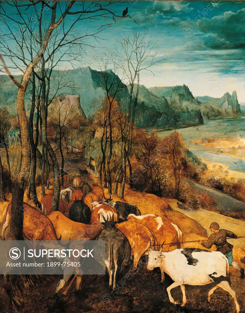 The Return of the Herd (Autumn), by Pieter Bruegel the Elder, 1565, 16th Century, oil on wood, 117 x 159 cm