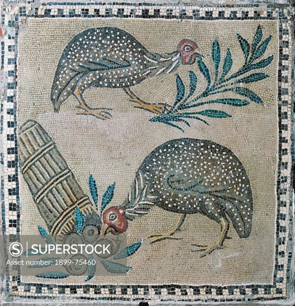 Small square with guinea-fowls (Quadretto con galline faraone), 18th Century, polychrome mosaic