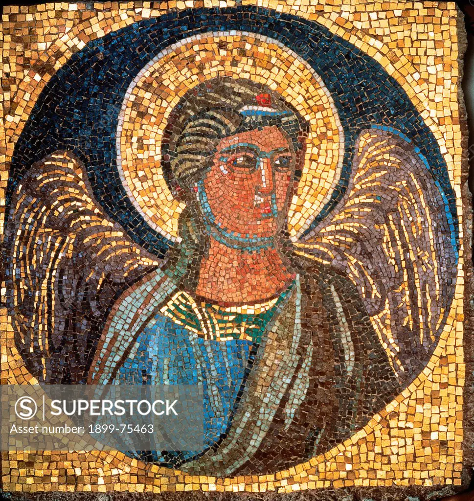 Copy of the angel from Giotto's Navicella (Copia dell'angelo della 'Navicella' di Giotto), by Vettraino Fulvio, 1938, 20th Century, polychrome mosaic