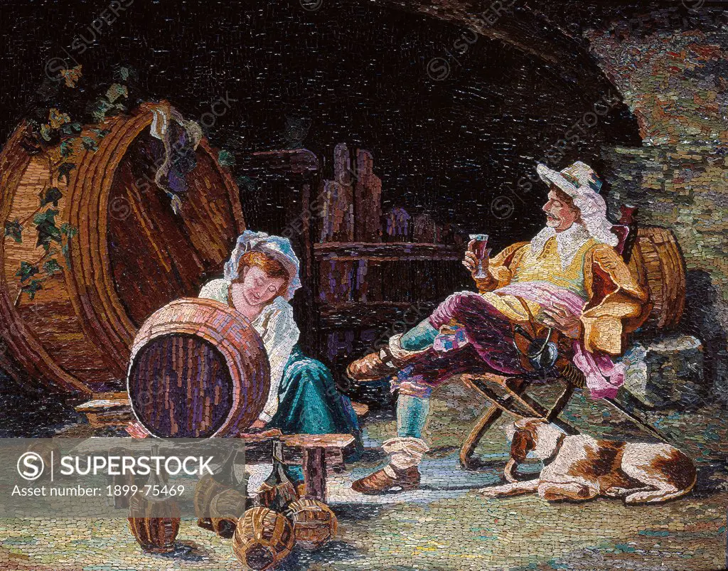 Tavern scene (Scena di taverna), by a Roman school artist, 19th Century, polychrome mosaic