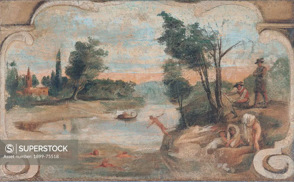 Scene of Country Life - River Landscape with Bathers (Scena di vita campestre - Paesaggio fluviale con bagnanti), by Giovan Francesco Barbieri known as il Guercino, 1615 - 1616, 17th Century, fresco transferred on canvas