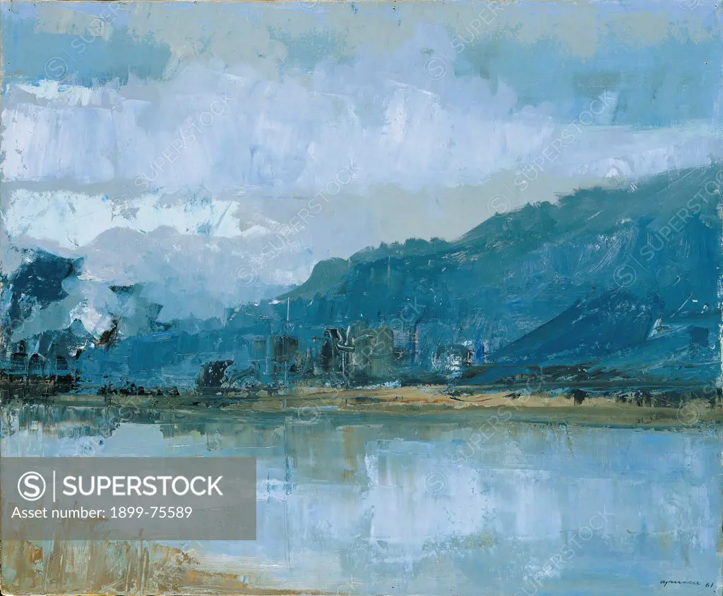 The Adda river in Valtellina (the Adda river in Sondrio) (L'Adda in Valtellina (L'Adda a Sondrio)), by Ajmone Giuseppe, 1961, 20th Century, oil on canvas, 47 x 60 cm