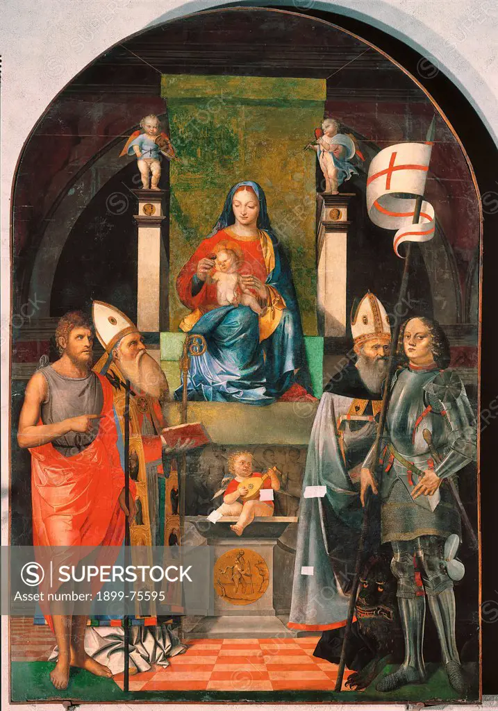 Virgin and Child Enthroned with Saints (The bootmen altarpiece) (Madonna con il Bambino e Santi (Pala dei Barcaioli)), by Giovanni Agostino da Lodi known as Pseudo Boccaccino, 1490-1520, 15th Century, oil on board