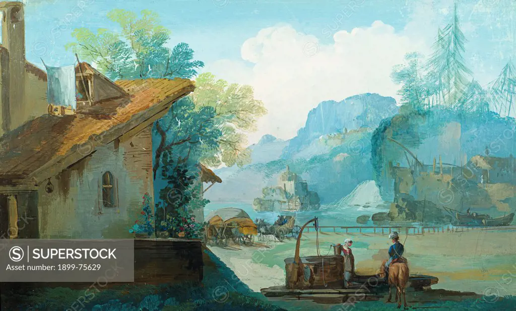 Fantastic landscape, The maid by the well (Paesaggio di fantasia, La fantesca al pozzo), by Giuseppe Bernardino Bison, 1825-1830, 19th Century, painting on cardboard