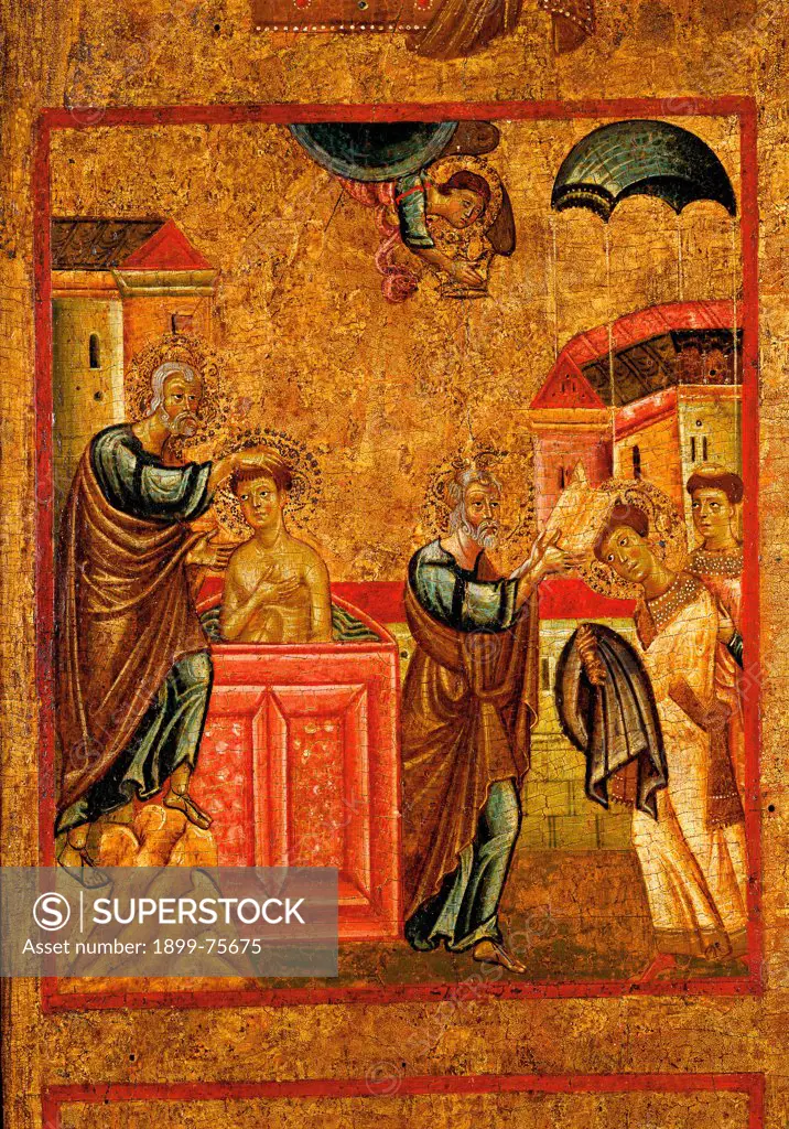 Saint Peter baptizes Saint Verano (San Pietro battezza San Verano), by Pisan artist, 13th Century, tempera on board, 152 x 97 cm (total)