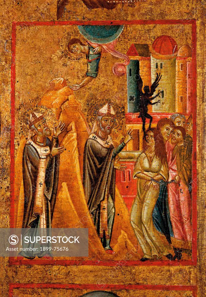 Saint Verano with the angel and the exorcism of a possessed woman (San Verano e l'angelo e liberazione di un'indemoniata), by Pisan artist, 13th Century, tempera on board, 152 x 97 cm (total)