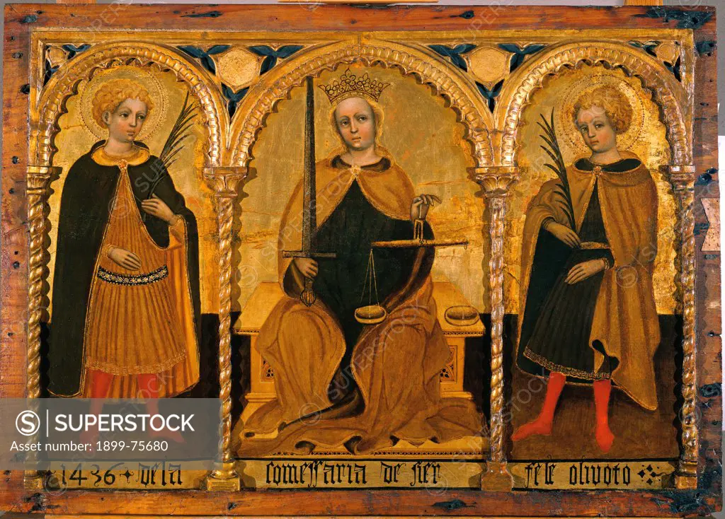 Triptych with the Justice and Saint Felix and Saint Fortunatus (Trittico con la Giustizia tra i Santi Felice e Fortunato), by Jacobello del Fiore, 1436, 15th Century, painting () on board