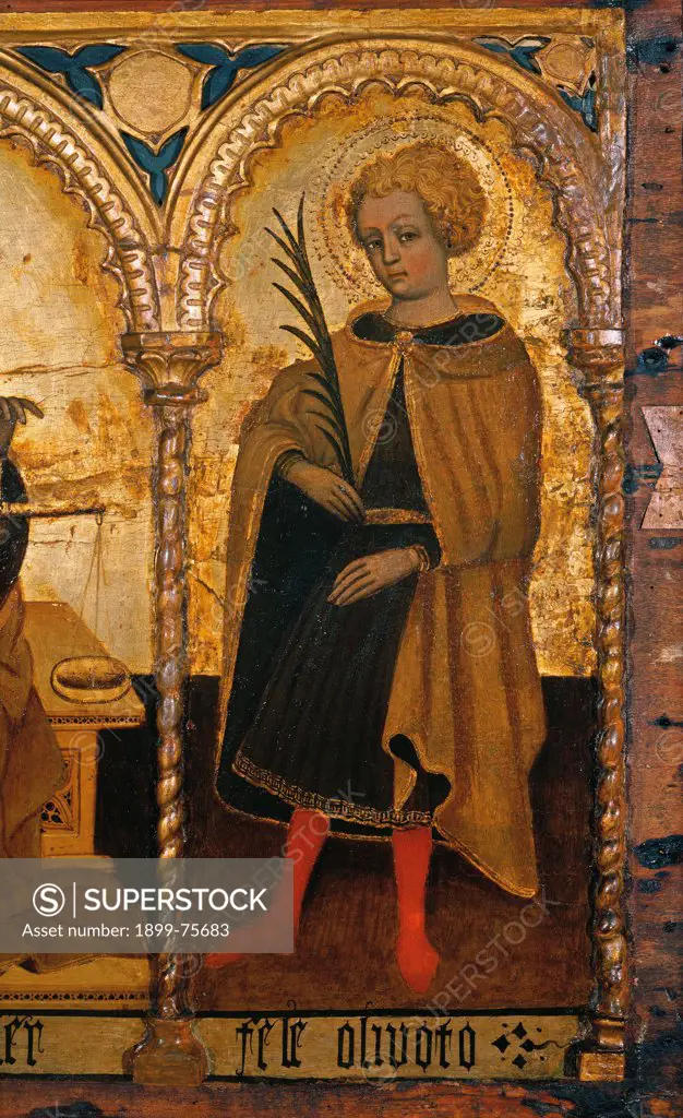 Triptych with the Justice and Saint Felix and Saint Fortunatus. Detail of Saint Fortunatus (Trittico con la Giustizia tra i Santi Felice e Fortunato. Particolare di San Fortunatus), by Jacobello del Fiore, 1436, 15th Century, painting () on board